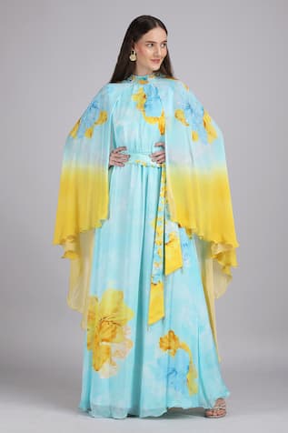 Mandira Wirk Aurora Bloom Tonal Teal Placement Print Dress 