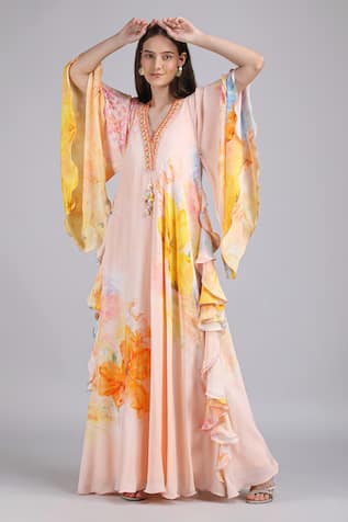 Mandira Wirk Floral Faux Print Kaftan Dress 