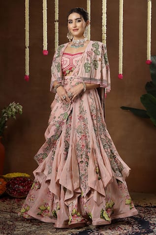 Miku Kumar Iris Floral Print Cape Draped Lehenga Set 