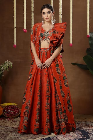 Miku Kumar Raiya Floral Print Cape Lehenga Set 