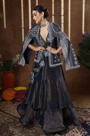 Miku Kumar Zuri Layered Pre-Draped Lehenga Saree Set With Cape 