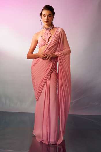 Anshika Tak Label Halter Neck Blouse With Draped Saree 