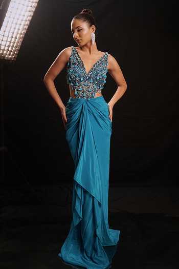 Anshika Tak Label Geometric Beadwork Sequin Draped Dress 