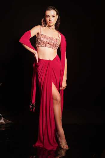 Anshika Tak Label Bead Sequin Embroidered Blouse Draped Skirt Set 