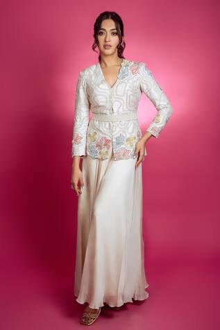 Anu Pellakuru Gardenia Embroidered Jacket With Sharara Pant 
