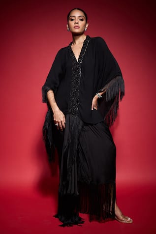 Neha Mehra Fringe Embroidered Kaftan & Skirt Set 