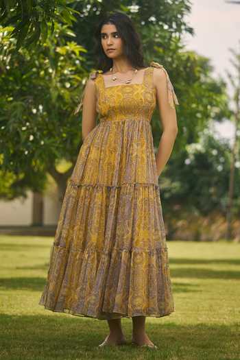 Buy Yellow Georgette, Organza Square Neck Floral One Piece Dress