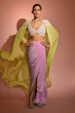Anu Pellakuru Cleopatra Glow Embroidered Cape Draped Skirt Set 