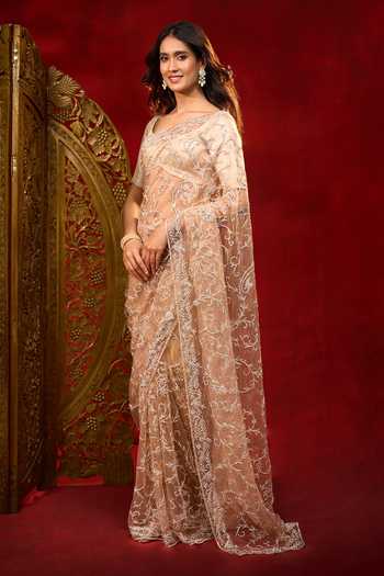 Azeera Net Embroidered Saree With Unstitched Blouse Piece 