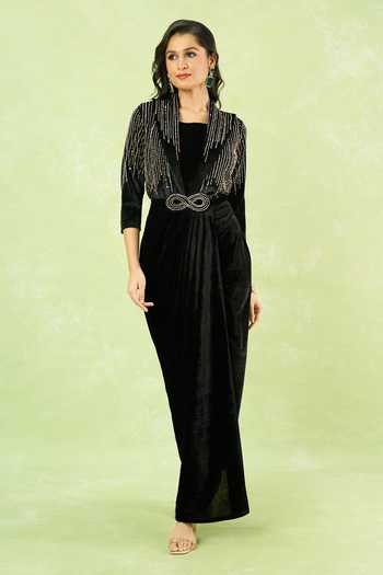 Samyukta Singhania Velvet Hand Embroidered Gown With Belt 