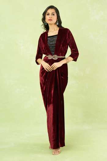 Samyukta Singhania Velvet Hand Embroidered Gown With Belt 