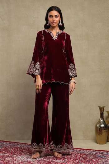 Dohr India Velvet Dori Embroidered Top & Pant Set 