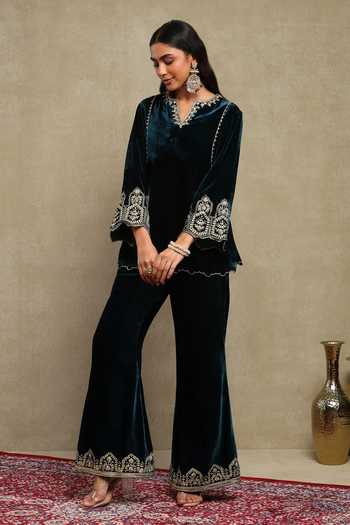 Dohr India Velvet Dori Embroidered Top & Pant Set 