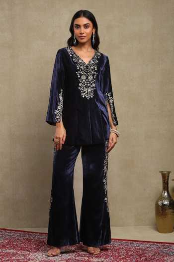 Dohr India Sequin Embroidered Velvet Top & Pant Set 