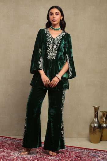 Dohr India Velvet Embroidered Top & Pant Set 