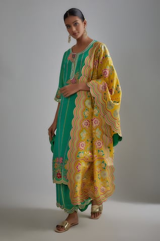 I Am Design Stripe & Floral Embroidered Kurta Set 