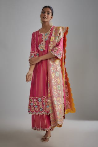I Am Design Stripe & Flora Embroidered Kurta Set 