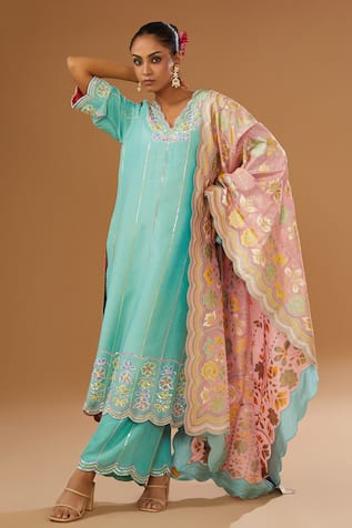 I Am Design Stripe & Flower Embroidered Kurta Set 