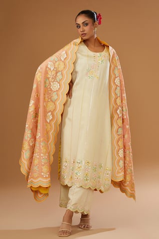 I Am Design Stripe & Flora Embroidered Kurta Set 