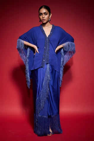 Neha Mehra Hand Embroidered Fringe Kaftan & Draped Skirt Set 