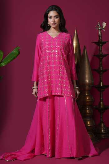 Komal Shah Geometric Jaal Embroidered Short Kurta Palazzo Set 