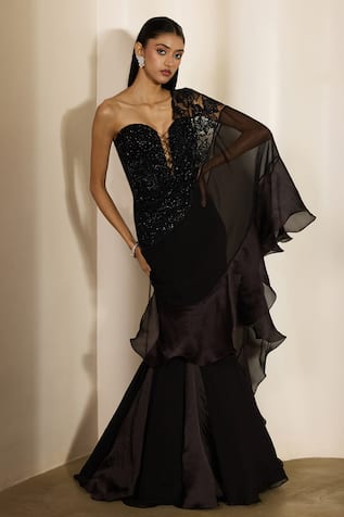 Shloka Khialani Nila Fishtail Saree Gown With Abstract Floral Embroidery 