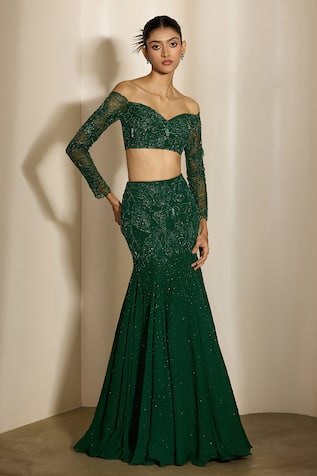 Shloka Khialani Capri Abstract Floral Hand Embroidered Lehenga Top Set 