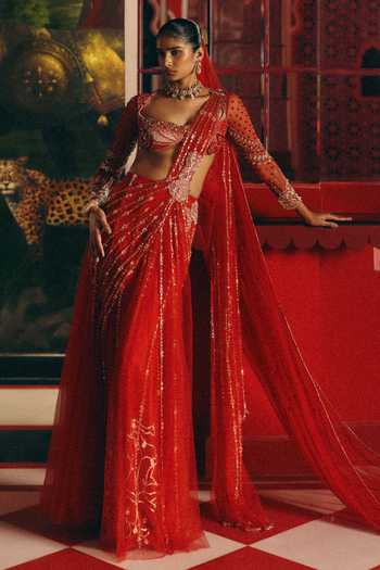 Papa Dont Preach Lunar Veil Hand Embroidered Tulle Pre-Draped Saree Blouse & Veil 