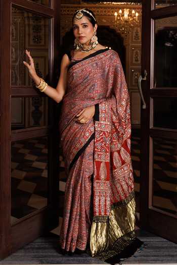 Geroo Jaipur Aari & Sequins Embroidered Saree With Unstitched Blouse Piece 
