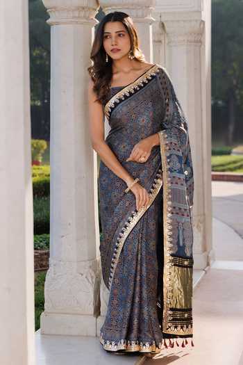 Geroo Jaipur Printed Gotapatti Border Saree & Unstitched Blouse Piece 