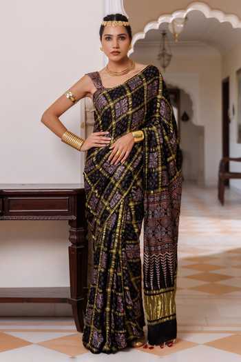 Geroo Jaipur Ajrakh Zari Checks Saree With Unstitched Blouse 