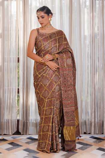 Geroo Jaipur Ajrakh Zari Checks Saree With Unstitched Blouse Piece 