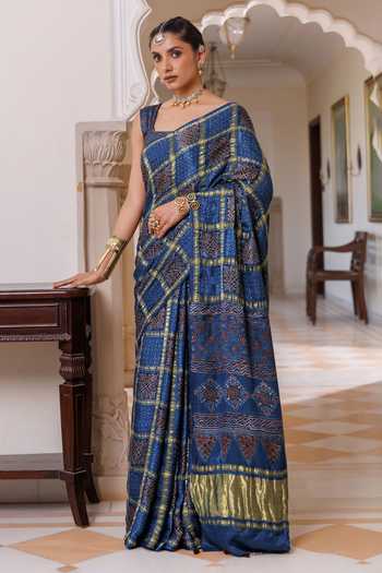Geroo Jaipur Ajrakh Zari Checks Saree With Unstitched Blouse Piece 