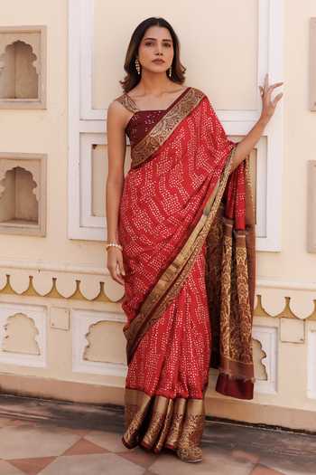 Geroo Jaipur Bandhani Pattern Zari Border Saree With Unstitched Blouse Piece 