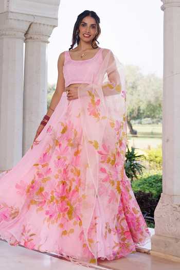 Geroo Jaipur Hand Painted Mukaish Floral Lehenga Set 
