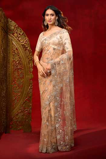 Azeera Floral Work Net Saree With Unstitched Blouse Piece 