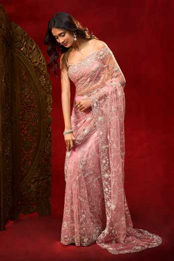 Azeera Floral Work Net Saree With Unstitched Blouse Piece 