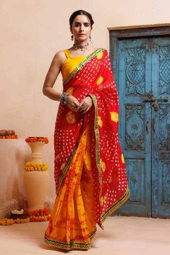 Geroo Jaipur Bandhani Print Pre-Draped Saree With Unstitched Blouse 