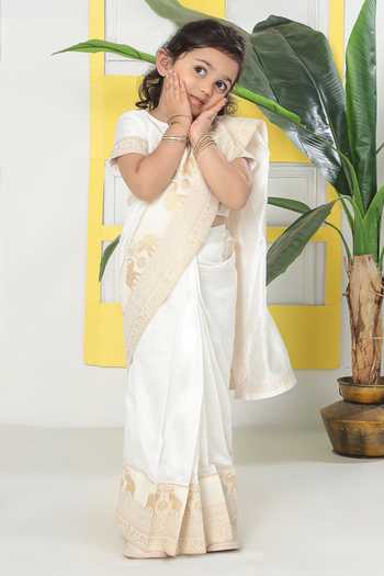 Little Bansi Elephant Embroidered Pre-Draped Saree With Blouse 