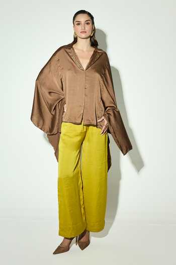 Basanti Kapde aur Koffee Brown Satin Embellished Shirt & Pant Co-ord Set 