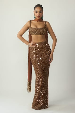 Vvani by vani vats Metallic Copper Mirror Embroidered Pencil Skirt Set 