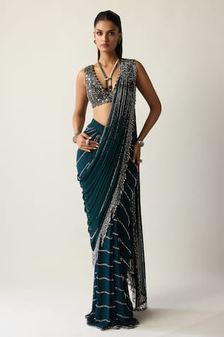 Vvani by vani vats Linear Embroidered Pre-Draped Saree With Blouse 