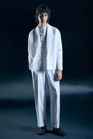 Nirmooha Aether Aura Ivory Glass Satin Jacket Trousers Set 