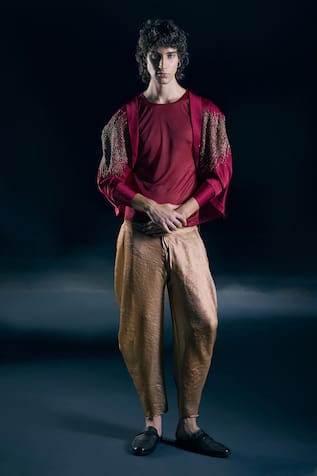 Nirmooha Regalis Flame Red Draped Jacket Set 