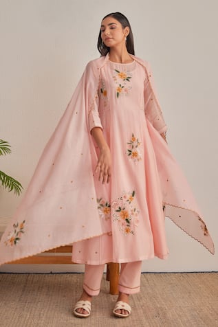 Khamaj India Eden Applique Floral Embroidered Kurta Set 