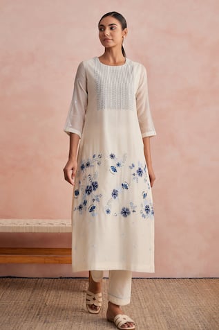 Khamaj India Tulip Floral Embroidered Kurta &Pant Set 