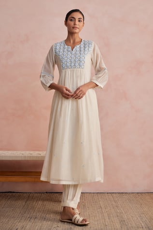 Khamaj India Jade Chanderi Embroidered Kurta & Pant Set 