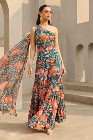 Diyarajvvir Floral Print One Shoulder Jumpsuit 
