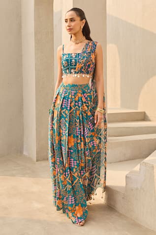 Diyarajvvir Abstract Floral Print Crop Top & Draped Skirt Set 