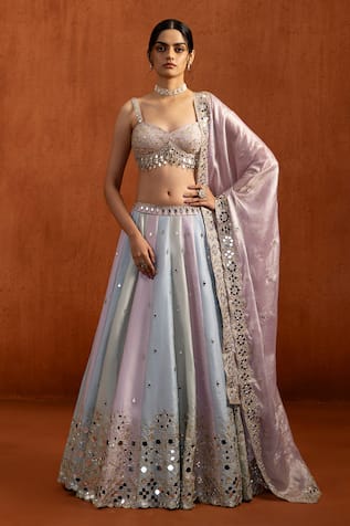 Lashkaraa Striped Mirror Embroidered Lehenga Set 